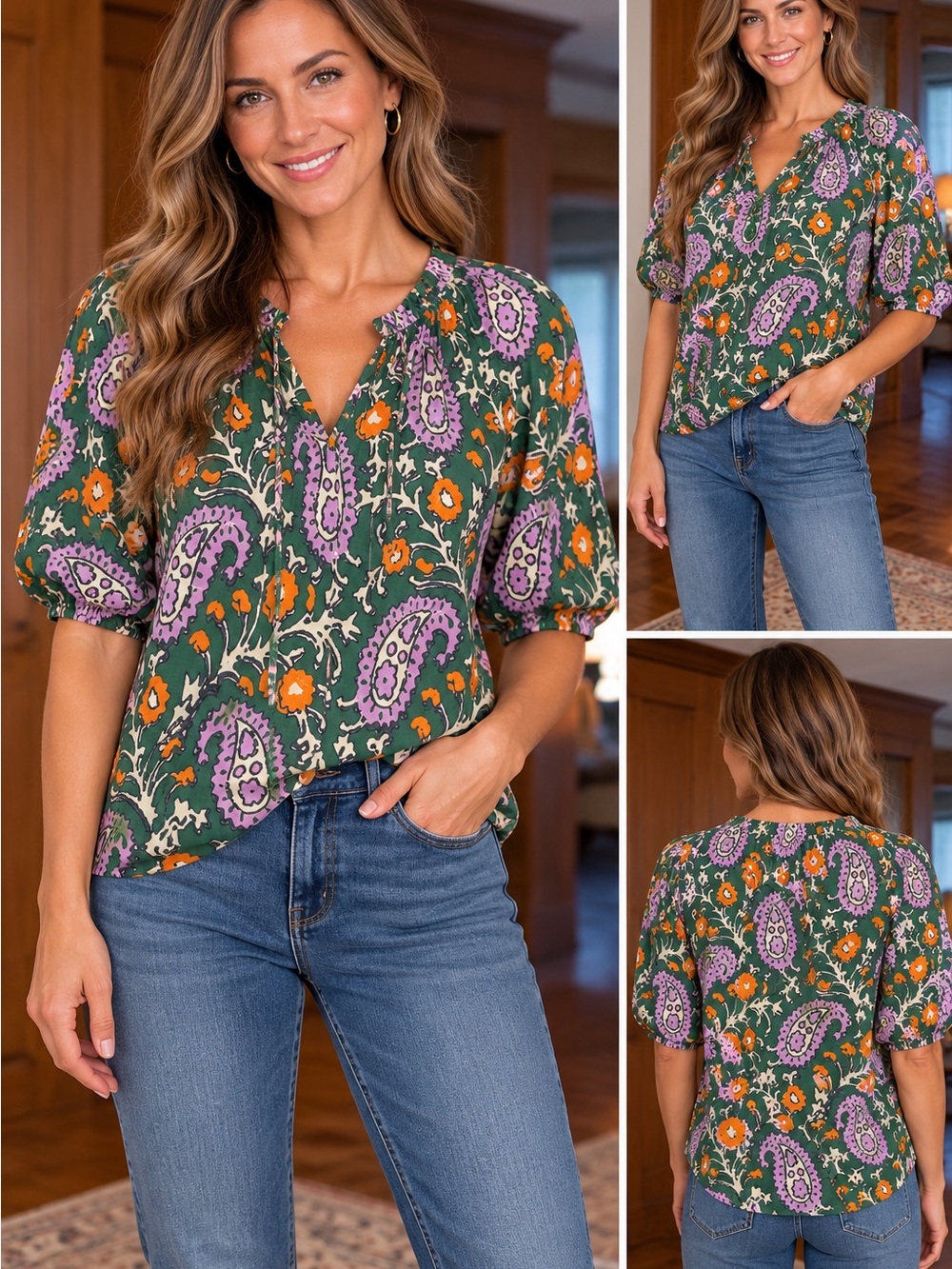 ivy jane Green Paisley V-Neck Puff Sleeve Blouse with Purple & Orange Accents